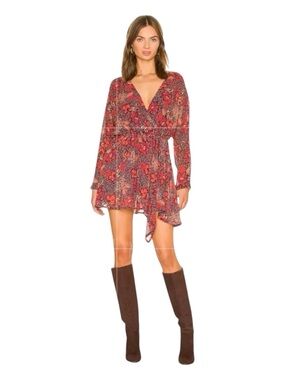 FREE PEOPLE Peach Combo Floral Mini Dress, Long Sleeve, Size S.